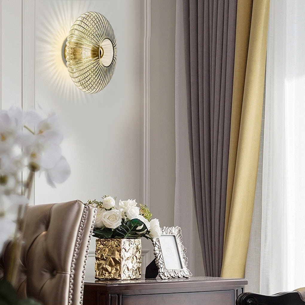Round Striped Glass Wall Sconce — Iron and Glass, Postmodern, LED, 9.4" Diameter, 3000K Warm White