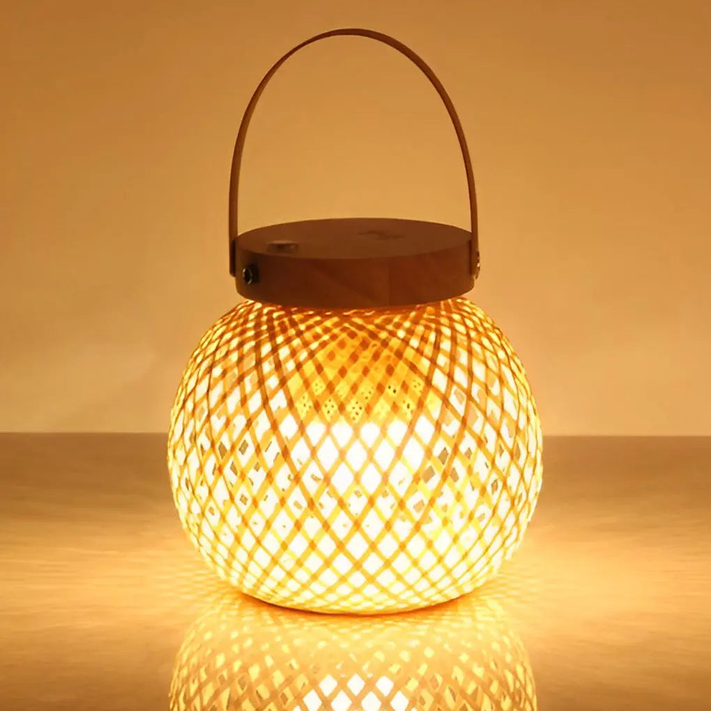 Portable Rustic Bamboo Lantern Table Lamp with Handle - Woven Design Luxe