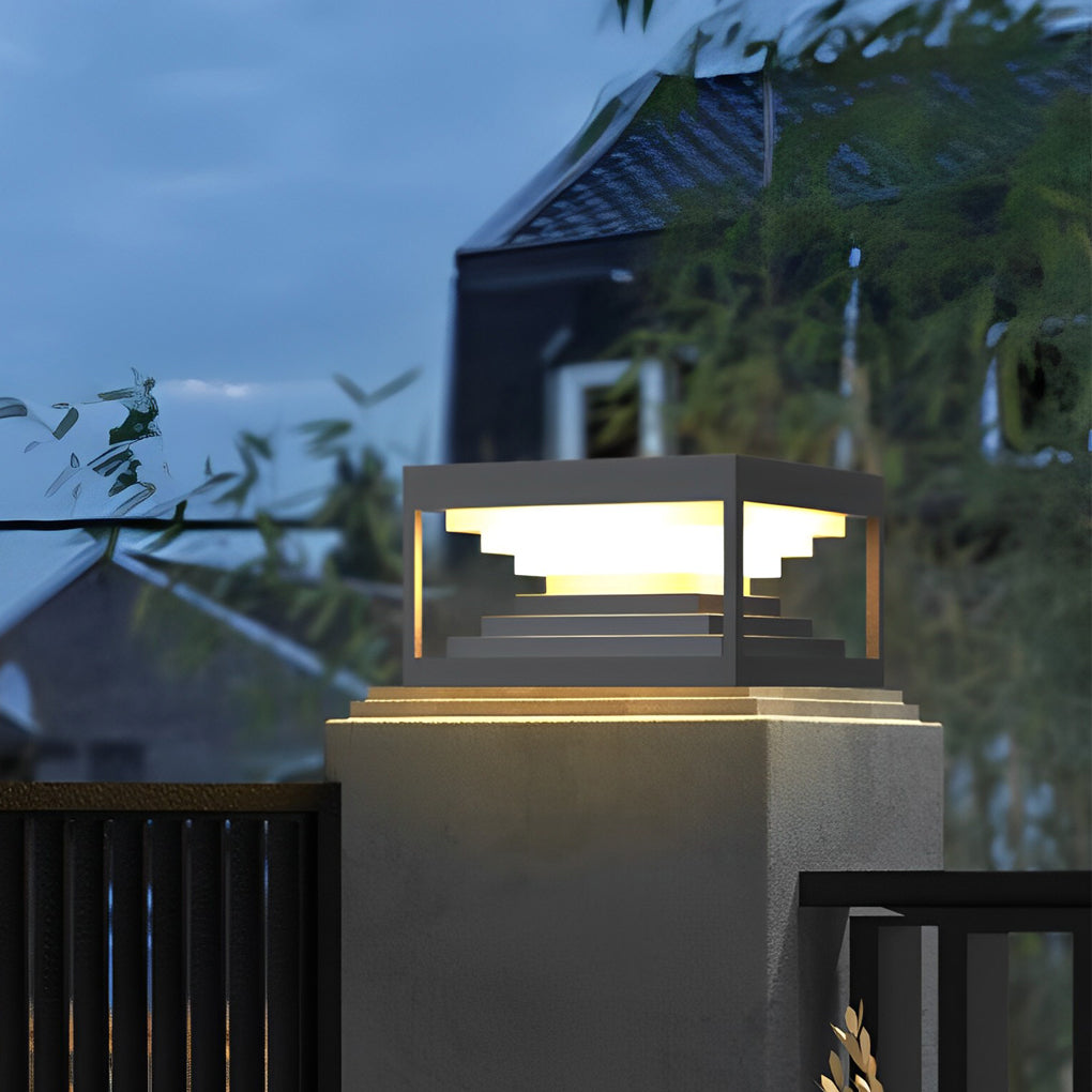 Modern Square Solar Post Cap Light — Black Stainless Steel, LED 3000K, IP65, 7.87"–15.75"