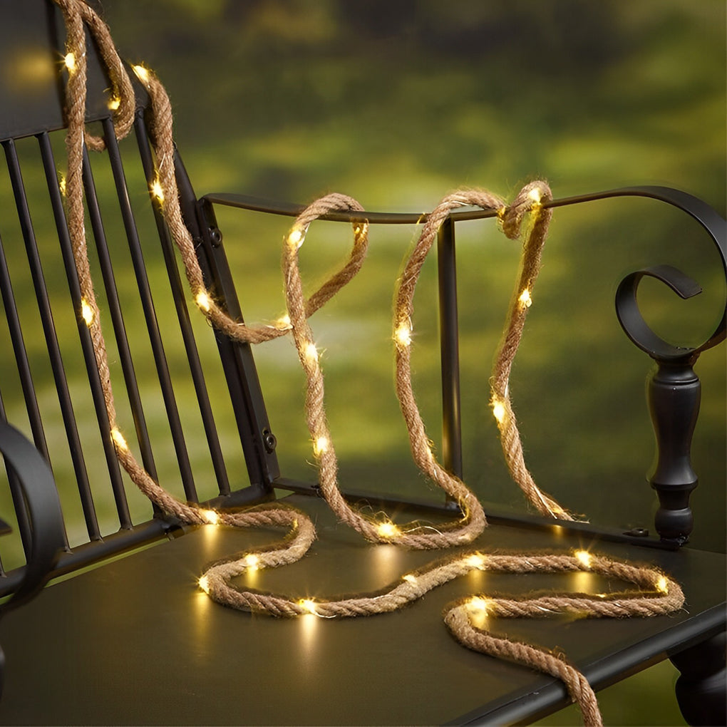 Hemp Rope LED String Lights — Solar or Battery-Powered, Warm White, 100-Light / 16.4 Ft or 200-Light / 32.8 Ft