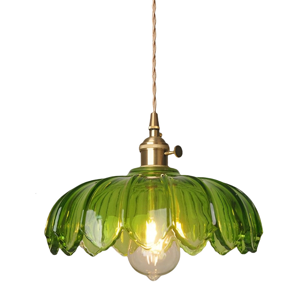 Retro Flower Glass Mini Pendant — Brass, Rotary Switch, 10" Diameter, Clear / Amber / Green / White