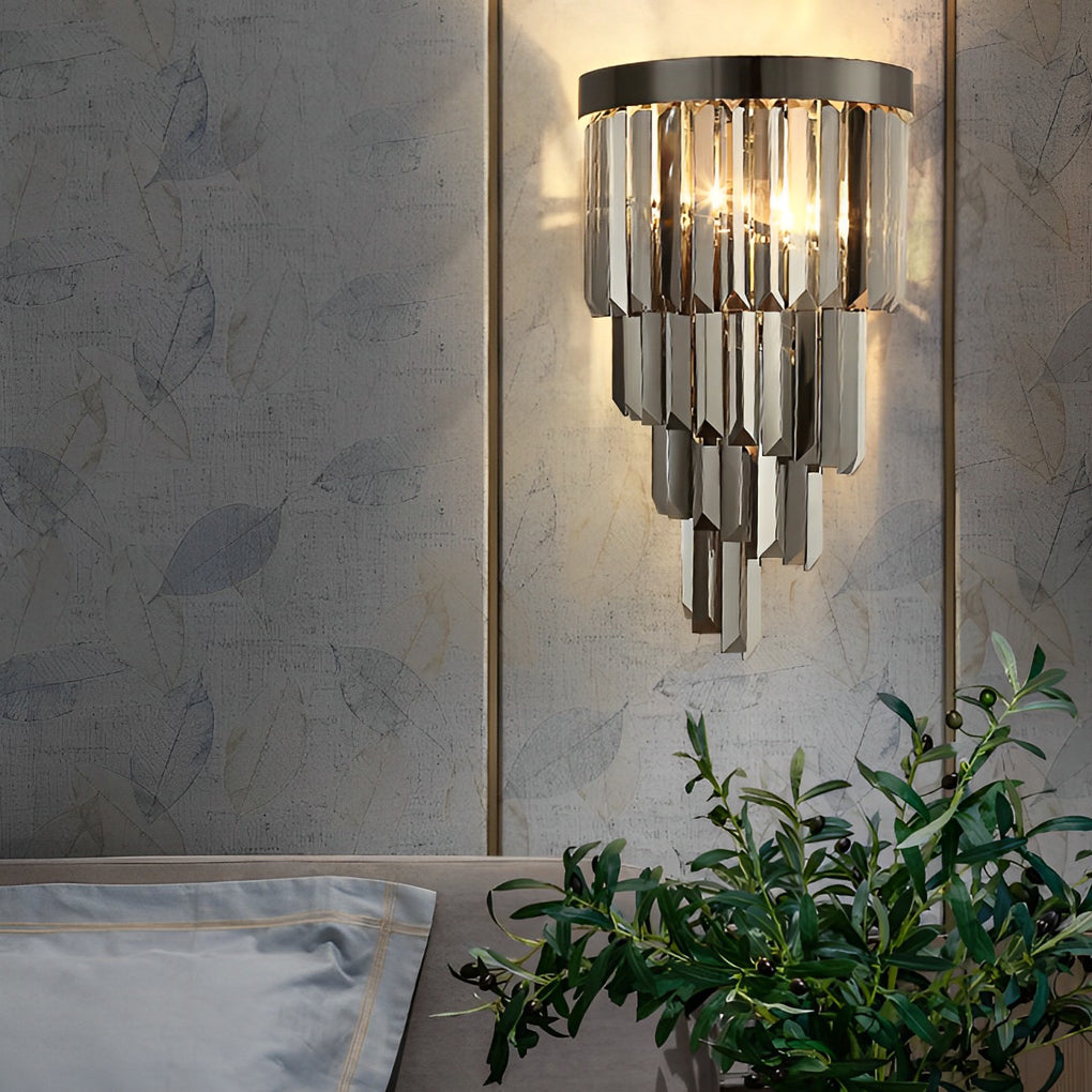 Postmodern Crystal and Stainless Steel Wall Sconce — Smoke Gray, Three-Step Dimming LED, E14
