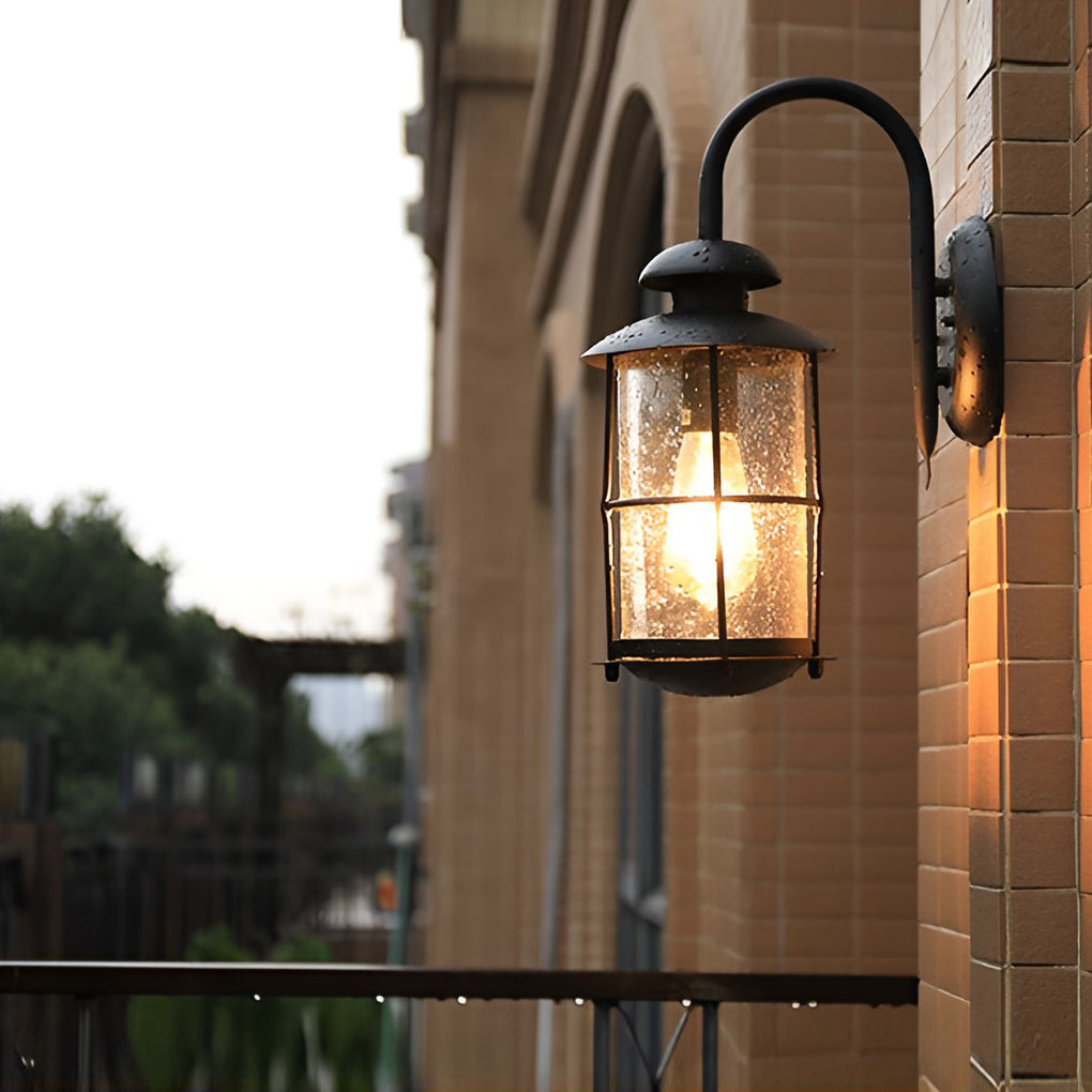 Industrial Outdoor Wall Sconce — Black Iron and Glass, Plug-in, E27, LED, 7" × 16"
