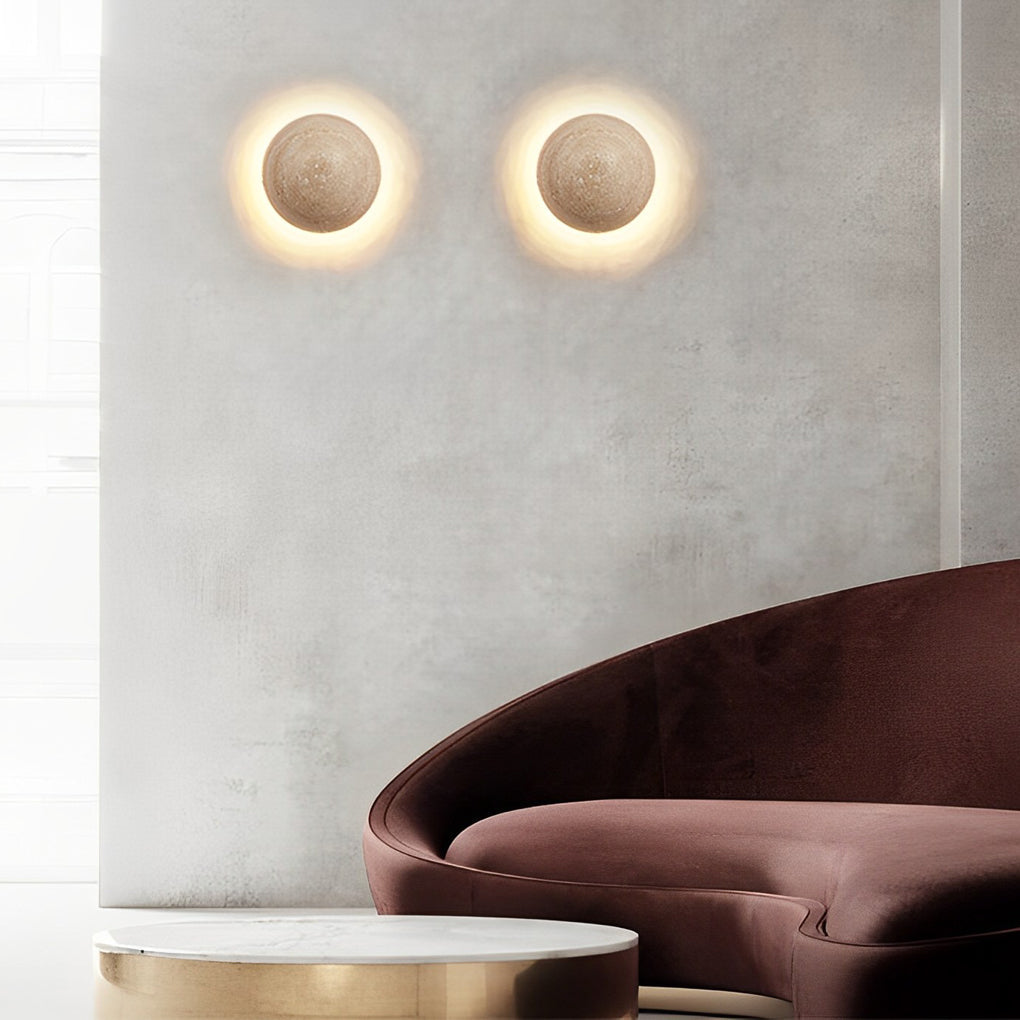 Round Travertine Stone LED Wall Sconce — Japandi Minimalist, 15W Warm White (3000K), 6" Diffused