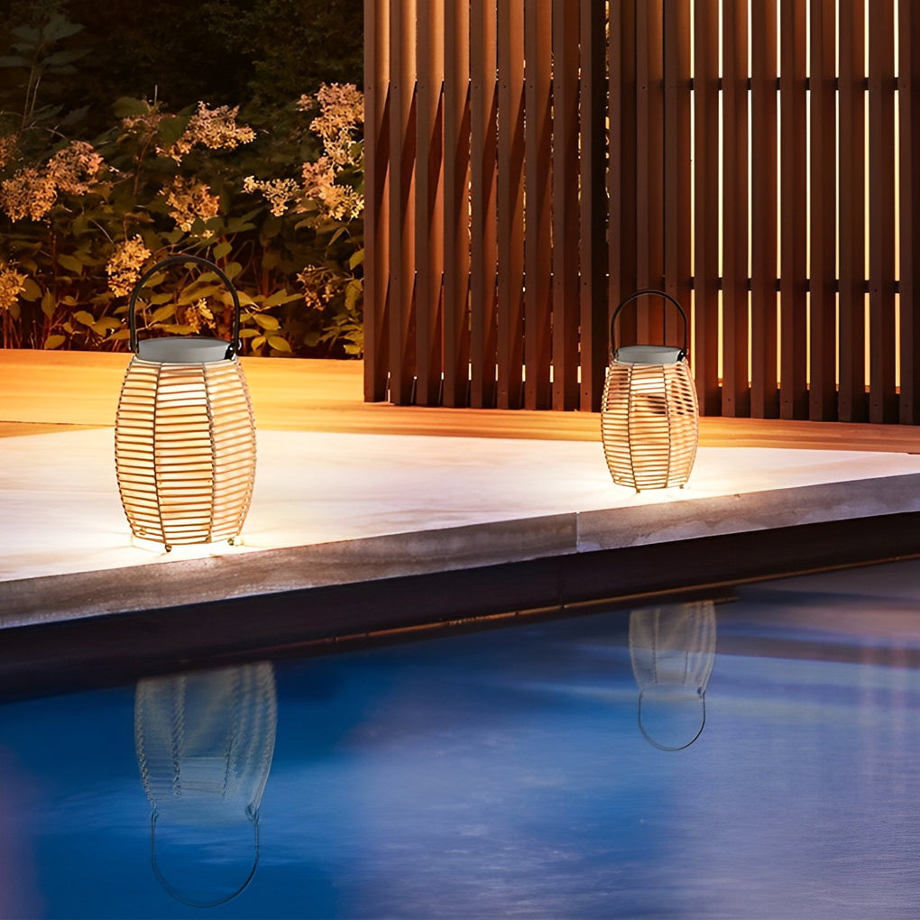Rattan Solar Portable Outdoor Lantern — Stainless Steel, 3000K Warm White, IP54 Weatherproof, 180° Rotating Handle