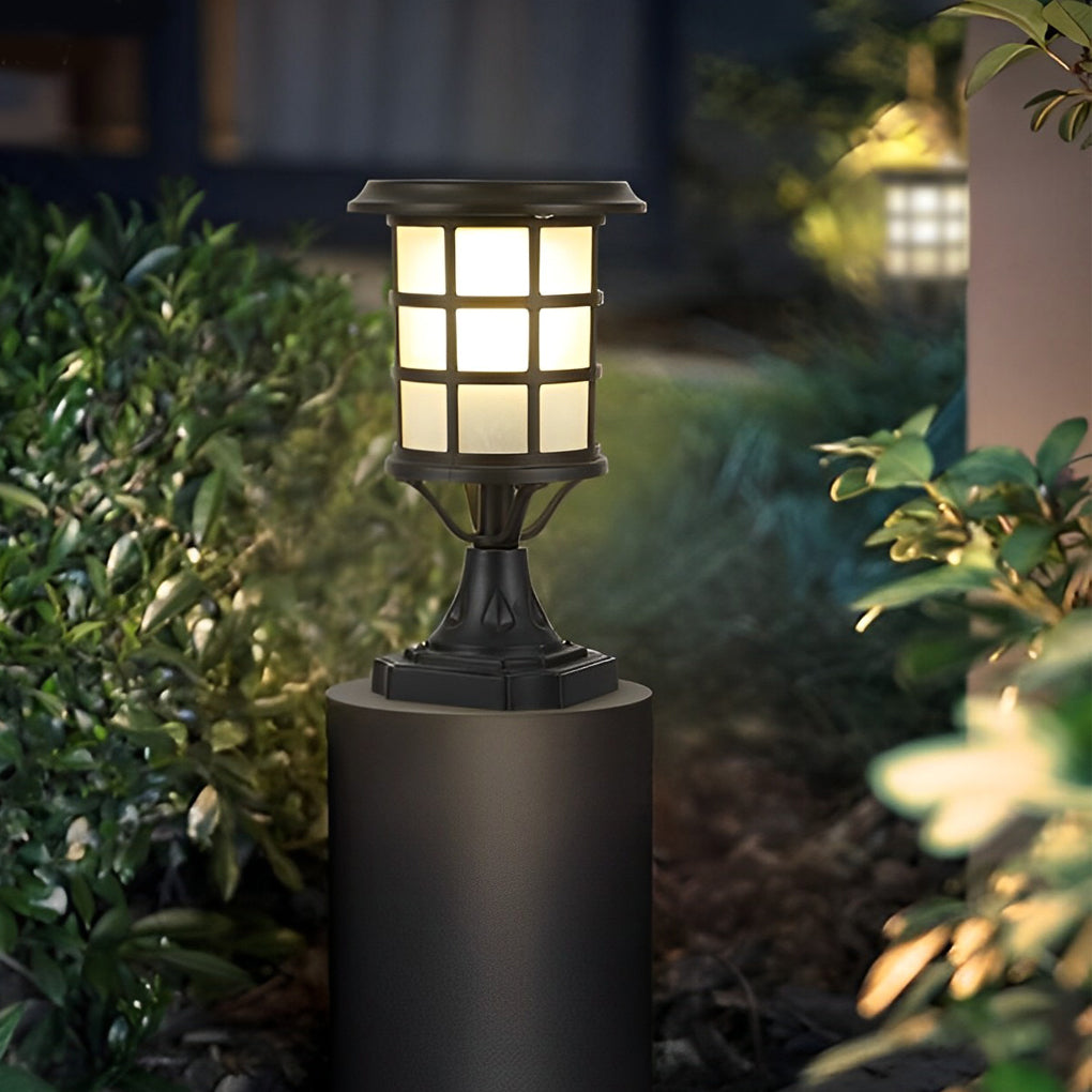 Modern Black Round Cage Solar / Hardwired Pillar Light — Die-Cast Aluminum & Glass, LED, IP65, 3-Step Dimming, Remote Control