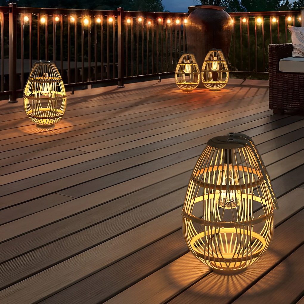 Rustic Modern Solar Portable Lantern — Wood and Rattan, LED, 3000K Warm White, IP65 Weatherproof, 7" × 11"