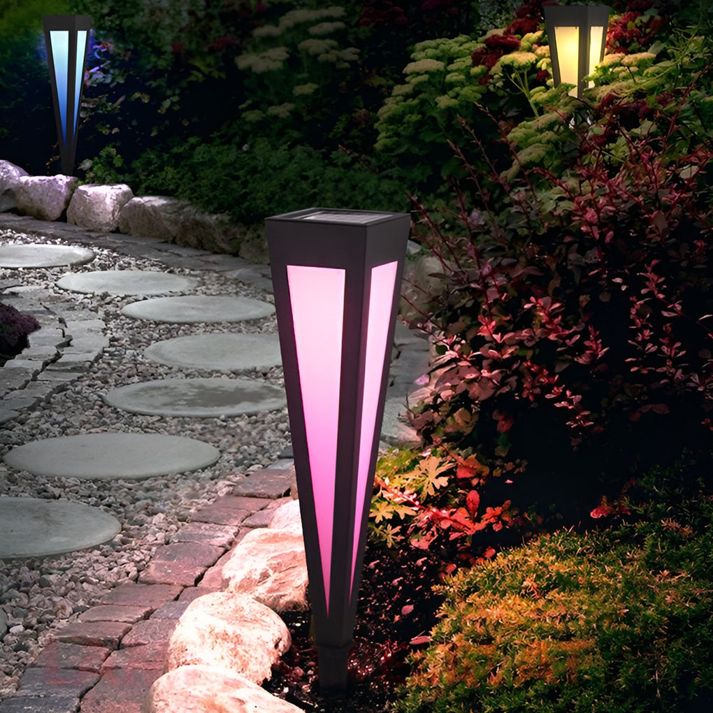 Square-Top Conical Bollard Path Light — Aluminum & Acrylic, Adjustable RGB Solar LED, 17.7" / 24.4" / 47.2"