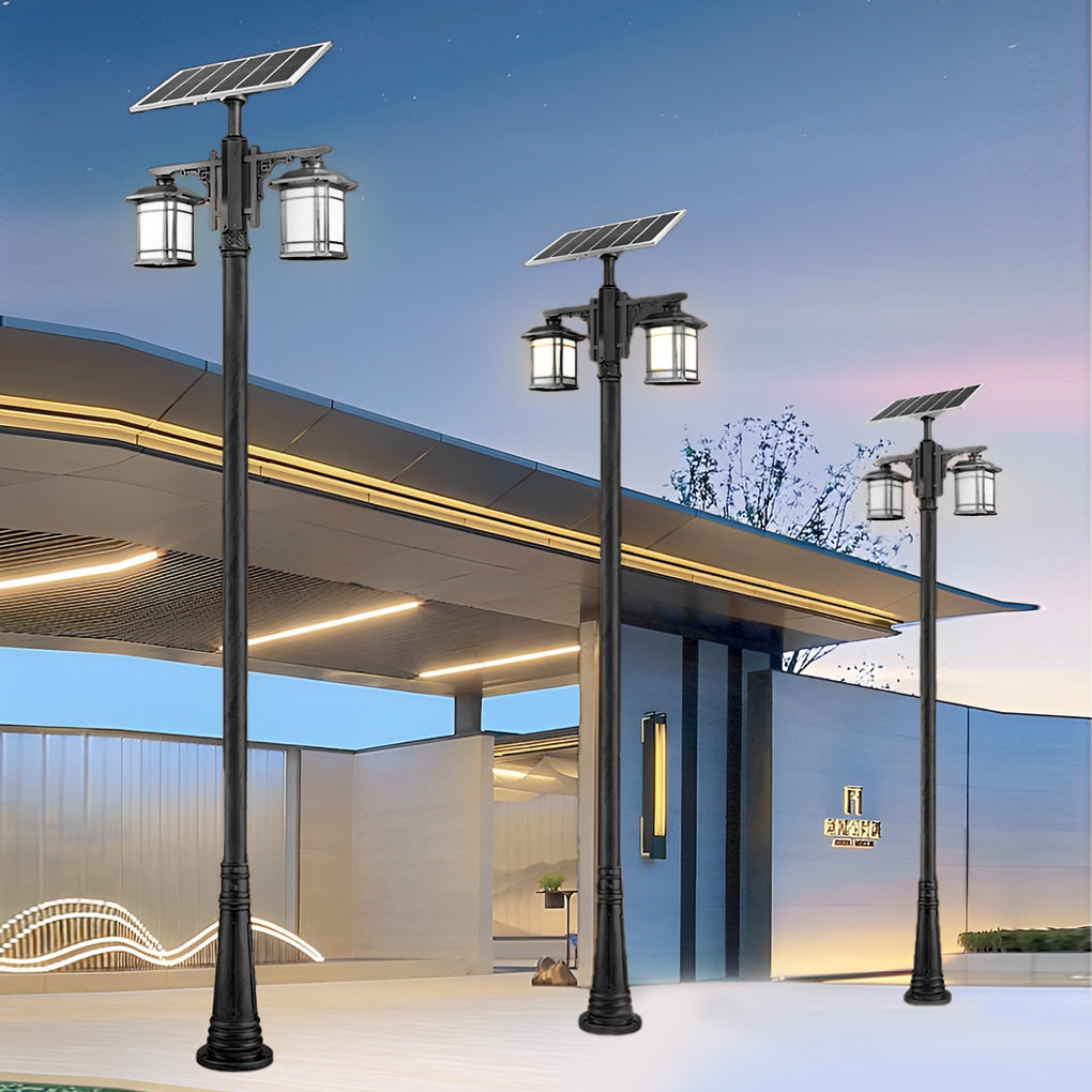 Vintage Solar Outdoor Post Light — Black Aluminum and Glass, LED, 3-Step Dimming, Remote Control, Weatherproof