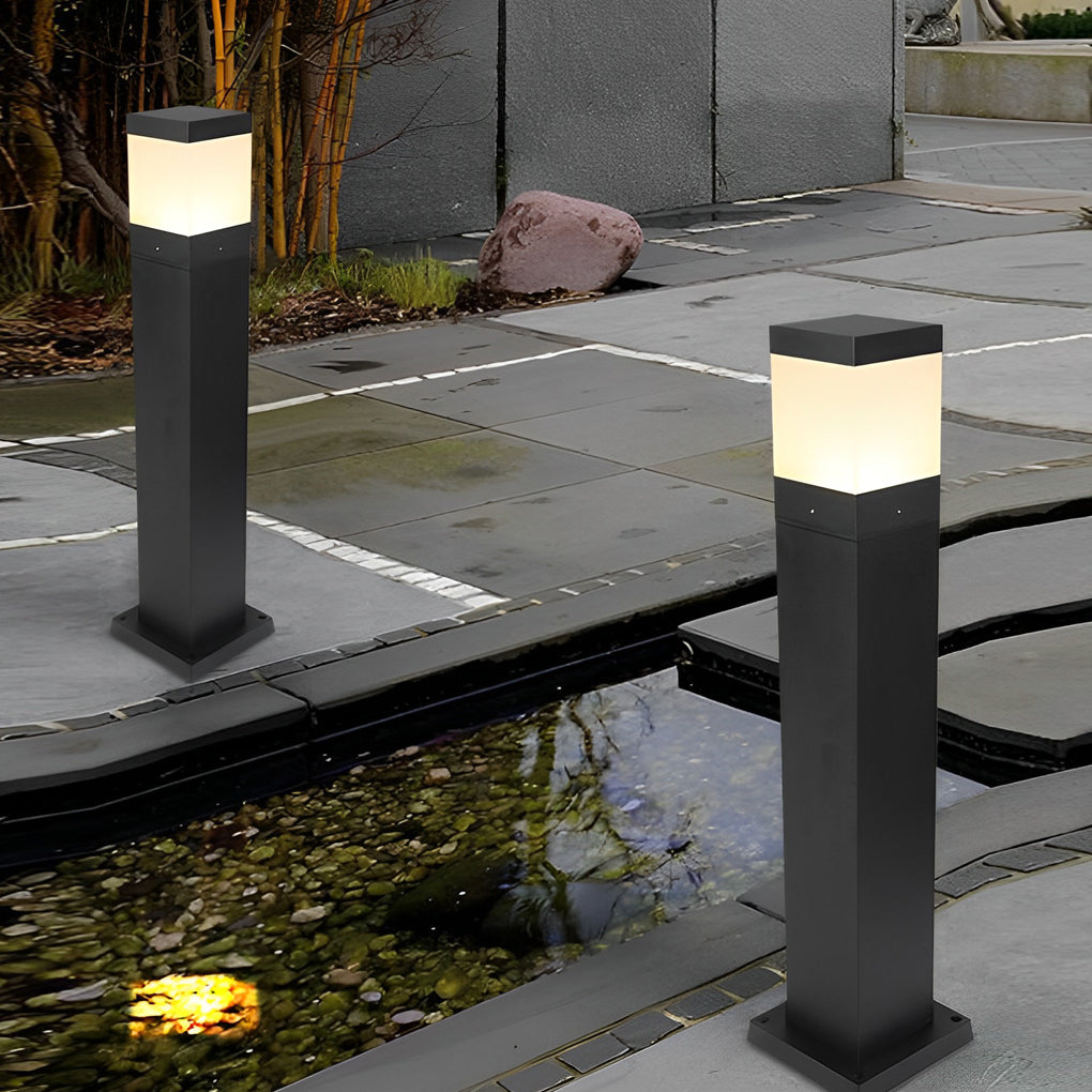 Minimalist Square Outdoor Bollard Light — Aluminum & Acrylic, Black, COB LED, IP65, Hardwired, 15.7" / 23.6" / 31.5"