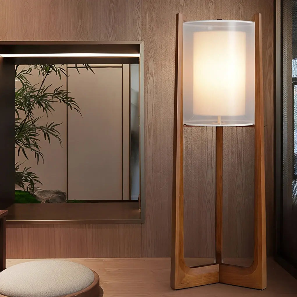 Double-Shaded LED Floor Lamp in Rustic Japanese Style with Wood Stand Luxe