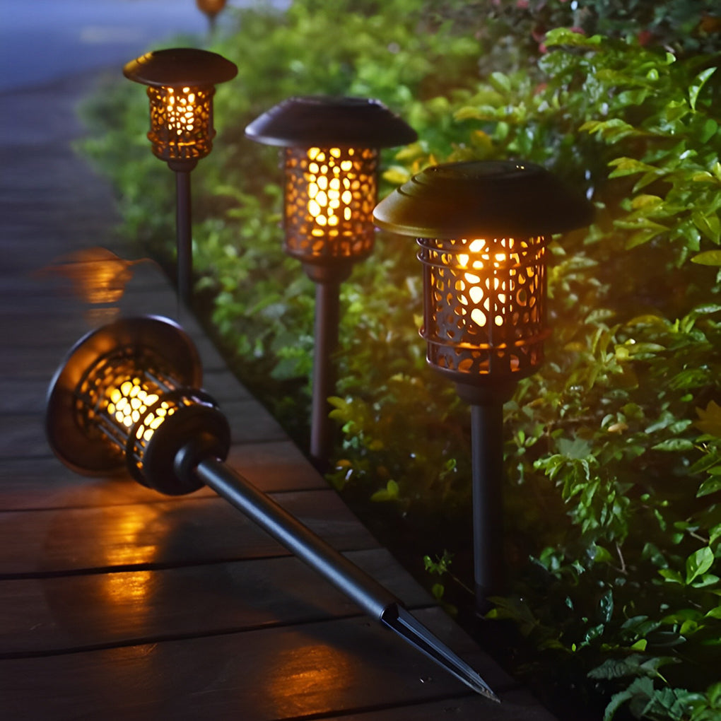 Round Hollow Solar Path Light — Die-Cast Aluminum, Black, Flickering LED Flame Effect, 3000K Warm White, IP-Rated Weatherproof