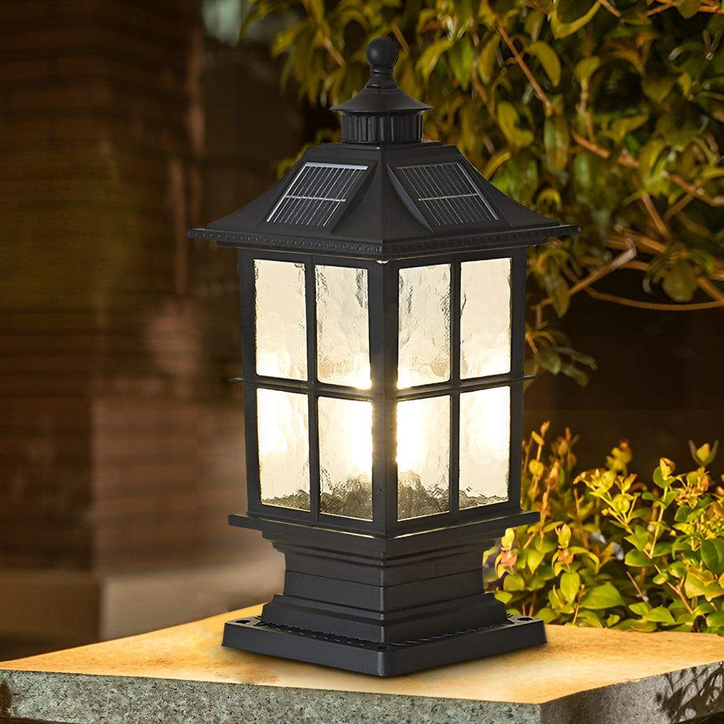 Modern Black Solar Post Cap Pillar Light — Die-Cast Aluminum & Glass, E27 LED, Remote Control, Dimmable