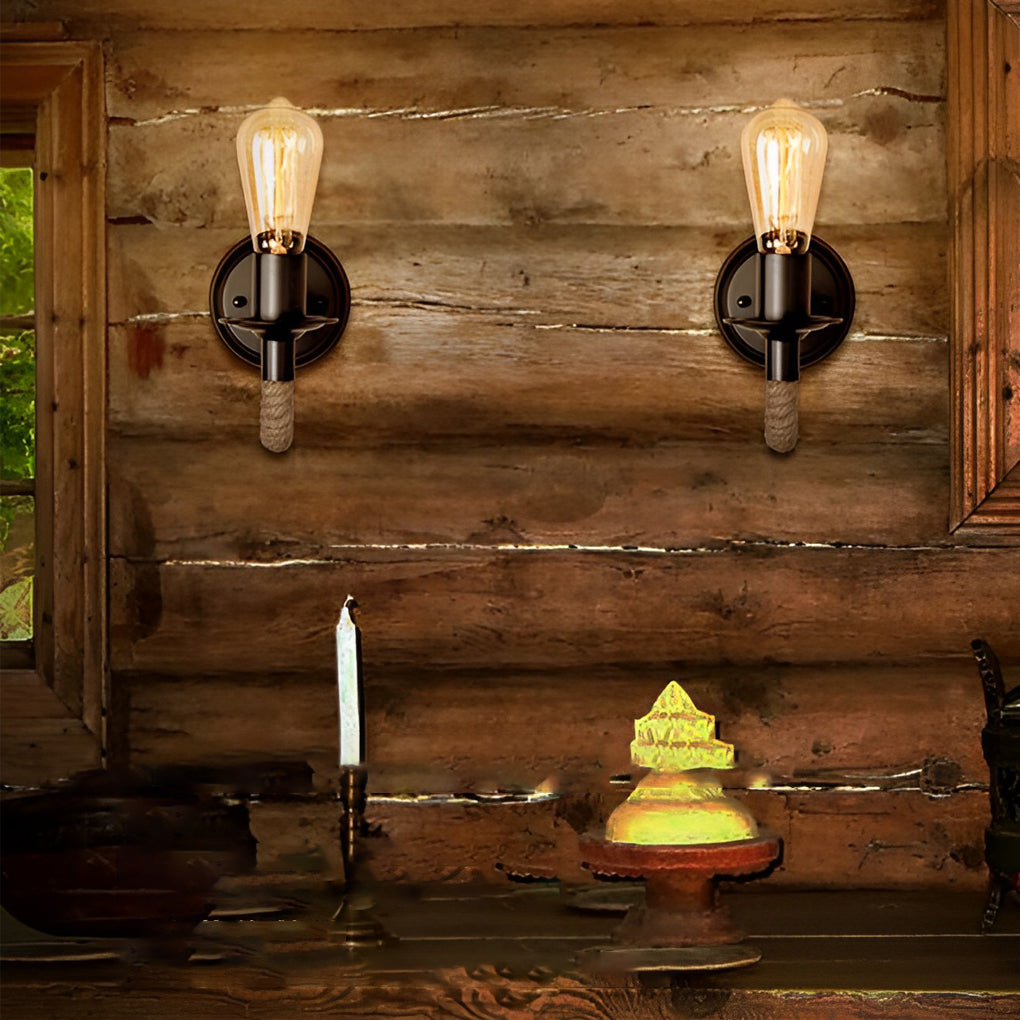 Retro Industrial Wall Sconce — Iron and Rope, E27, 10" × 5" × 6"