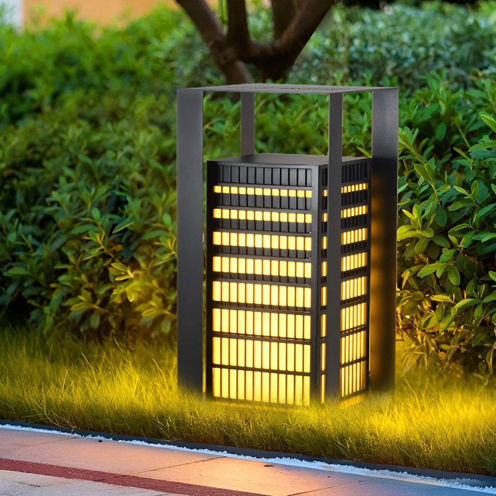 Cuboid Industrial LED Outdoor Pathway Lantern — Black, Galvanized Steel and Faux Marble, IP55 Weatherproof
