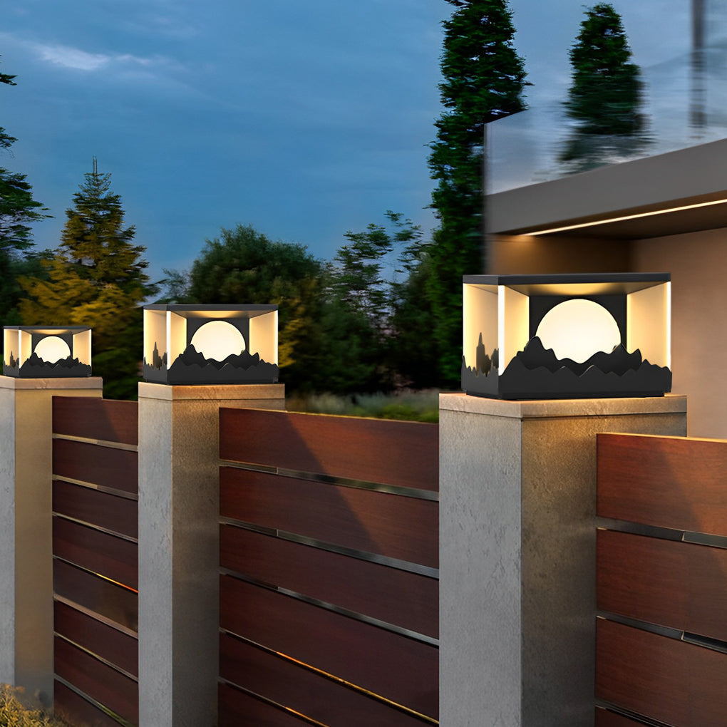 Mountain Scenery Solar Fence Post Cap Light — Stainless Steel & Acrylic, LED, IP65 Weatherproof, 3000K Warm White