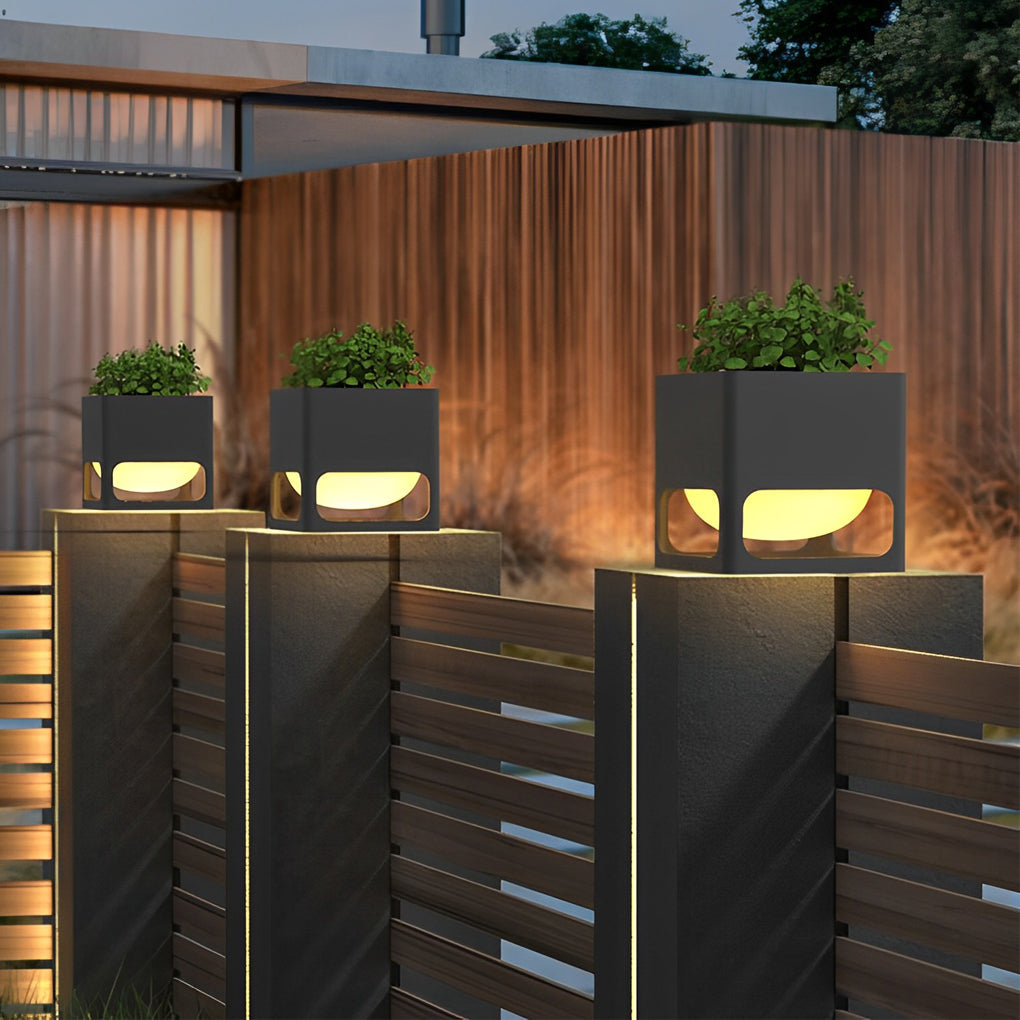Square Flowerpot Outdoor Pillar Light — Black Stainless Steel, LED, IP65 Weatherproof, 3000K Warm White