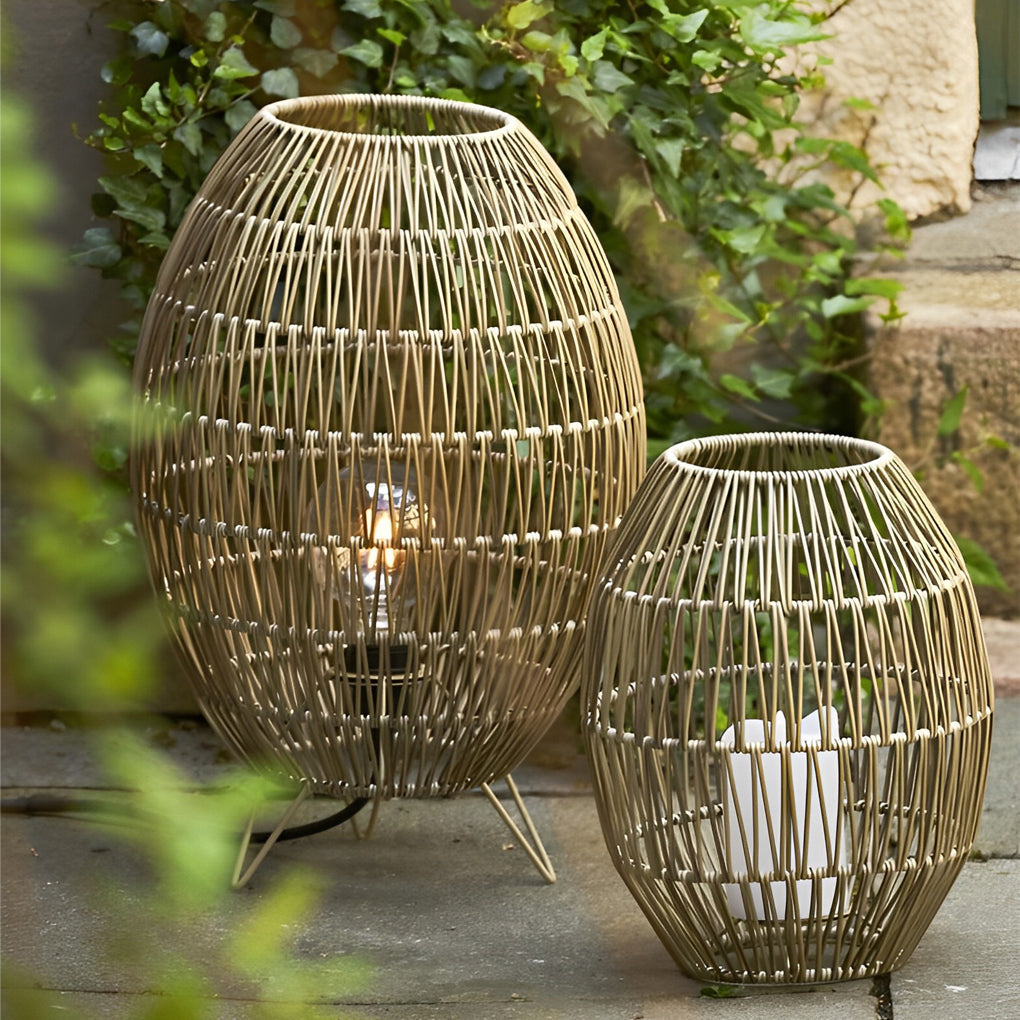 Handcrafted Rattan Oval Cage Outdoor Floor Lamp — Iron Frame, E27, IP65 Weatherproof, 12" × 20"
