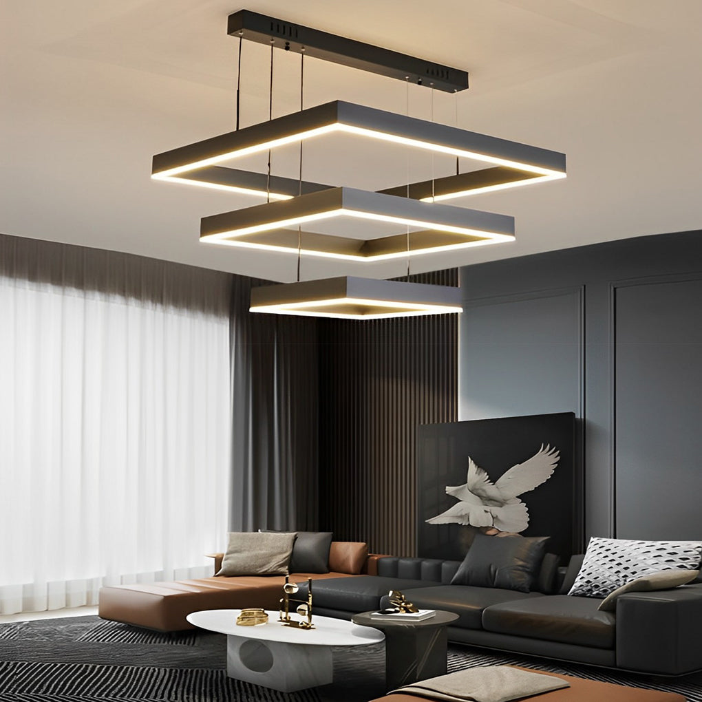Modern Square LED Chandelier — Black Aluminum, 3-Layer Stepless Dimming, Remote Control