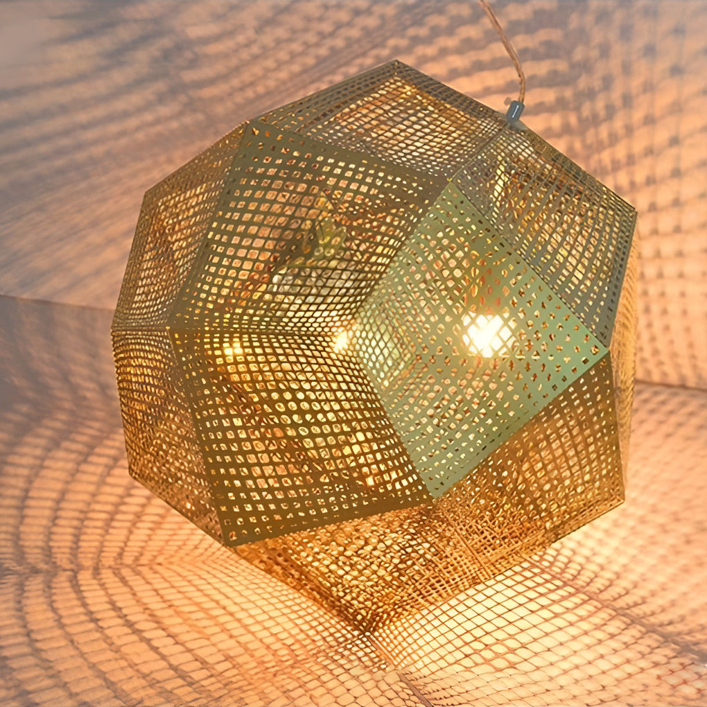 Postmodern Geometric Round Pendant Chandelier — Electroplated Stainless Steel, Hollow Pattern, Silver / Gold / Rose Gold
