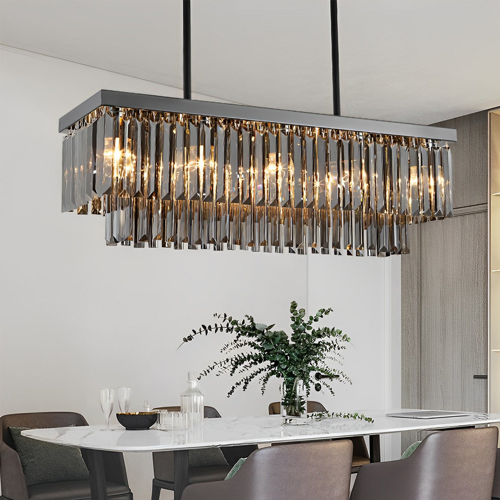 Rectangular Crystal LED Chandelier — Smoke Gray, Stainless Steel, 3-Step Dimming (3000K/4500K/6000K), E14