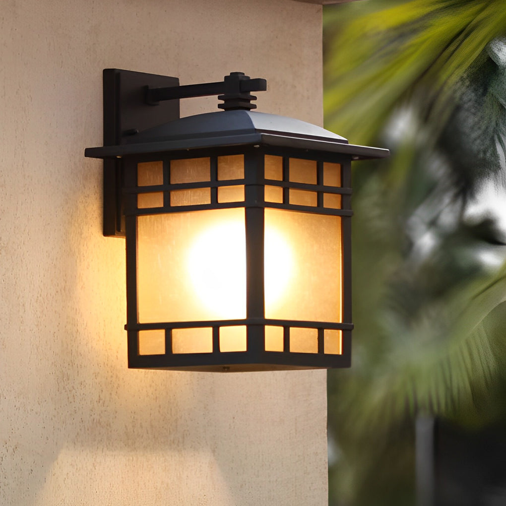 Vintage Industrial Outdoor Wall Sconce — Black Aluminum, Square Yellow Glass Shade, E27, Waterproof