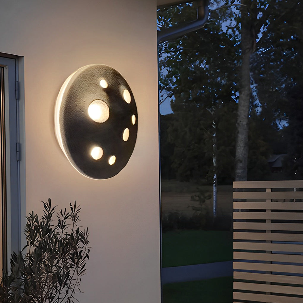 Lunar Crater Round Outdoor Wall Sconce — Stone, LED, IP65 Weatherproof, 12" or 18", 3000K Warm White
