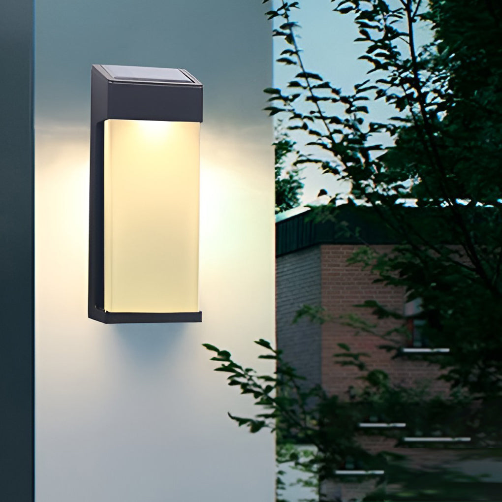 Rectangular Solar Outdoor Wall Sconce, Set of 2 — Die-Cast Aluminum, Frosted Glass, LED, IP44, 3000K Warm White