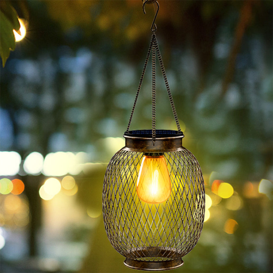Vintage Solar Hanging Lantern — Black Iron Mesh, Warm White 2700K, Dusk-to-Dawn, Round or Oval
