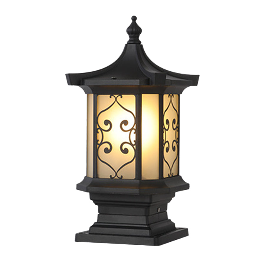 Retro Lantern Outdoor Gate Pillar Light — Die-Cast Aluminum, Frosted Glass, Solar or Hardwired, Black or Bronze