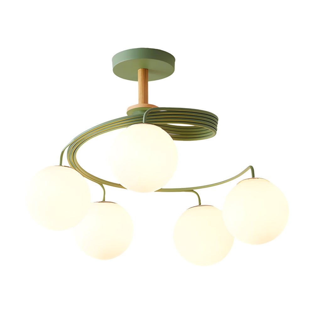 Spiral Glass Ball Semi-Flush Mount — Iron, Wood & Glass, 5-Light, E27, LED