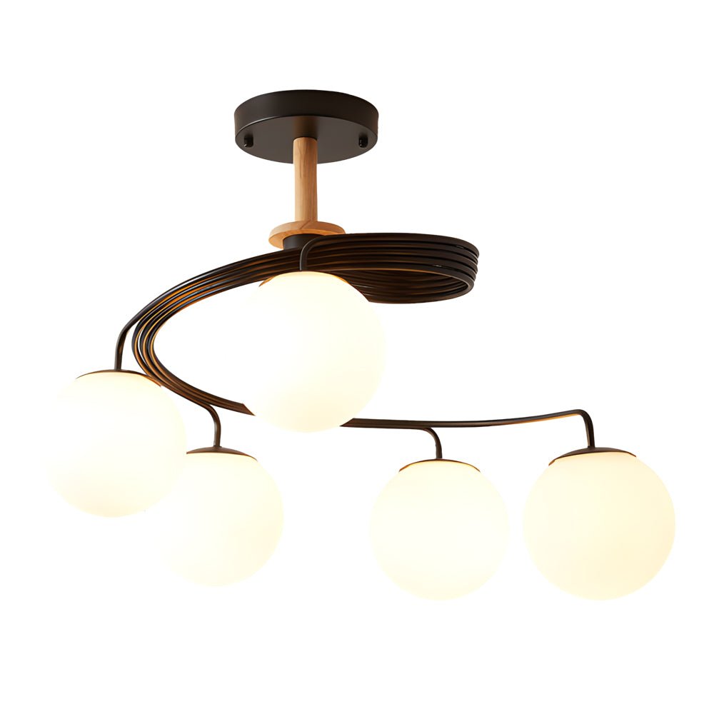 Spiral Glass Ball Semi-Flush Mount — Iron, Wood & Glass, 5-Light, E27, LED
