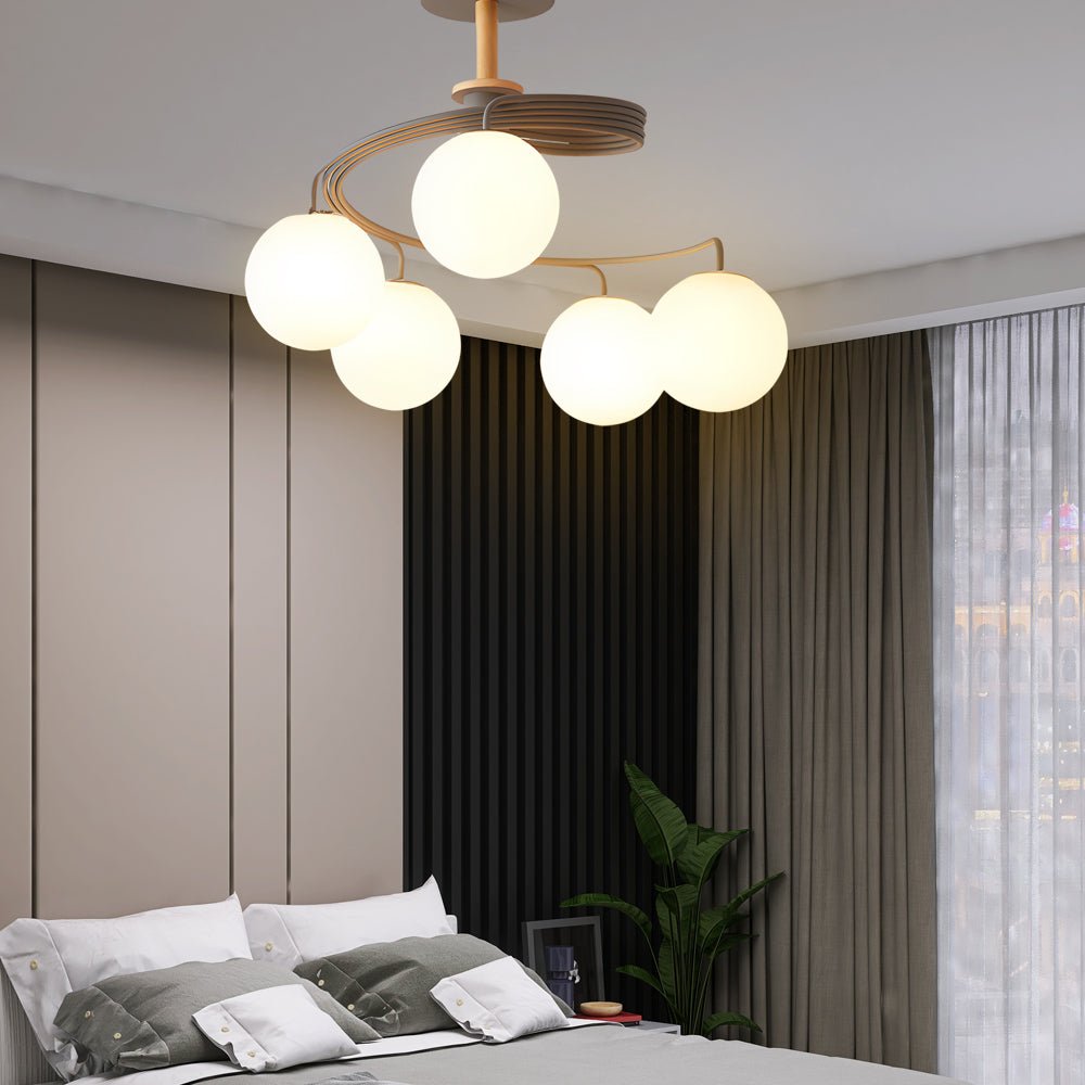 Spiral Glass Ball Semi-Flush Mount — Iron, Wood & Glass, 5-Light, E27, LED