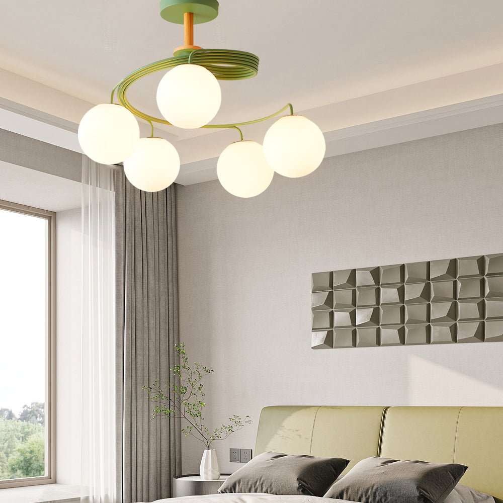 Spiral Glass Ball Semi-Flush Mount — Iron, Wood & Glass, 5-Light, E27, LED