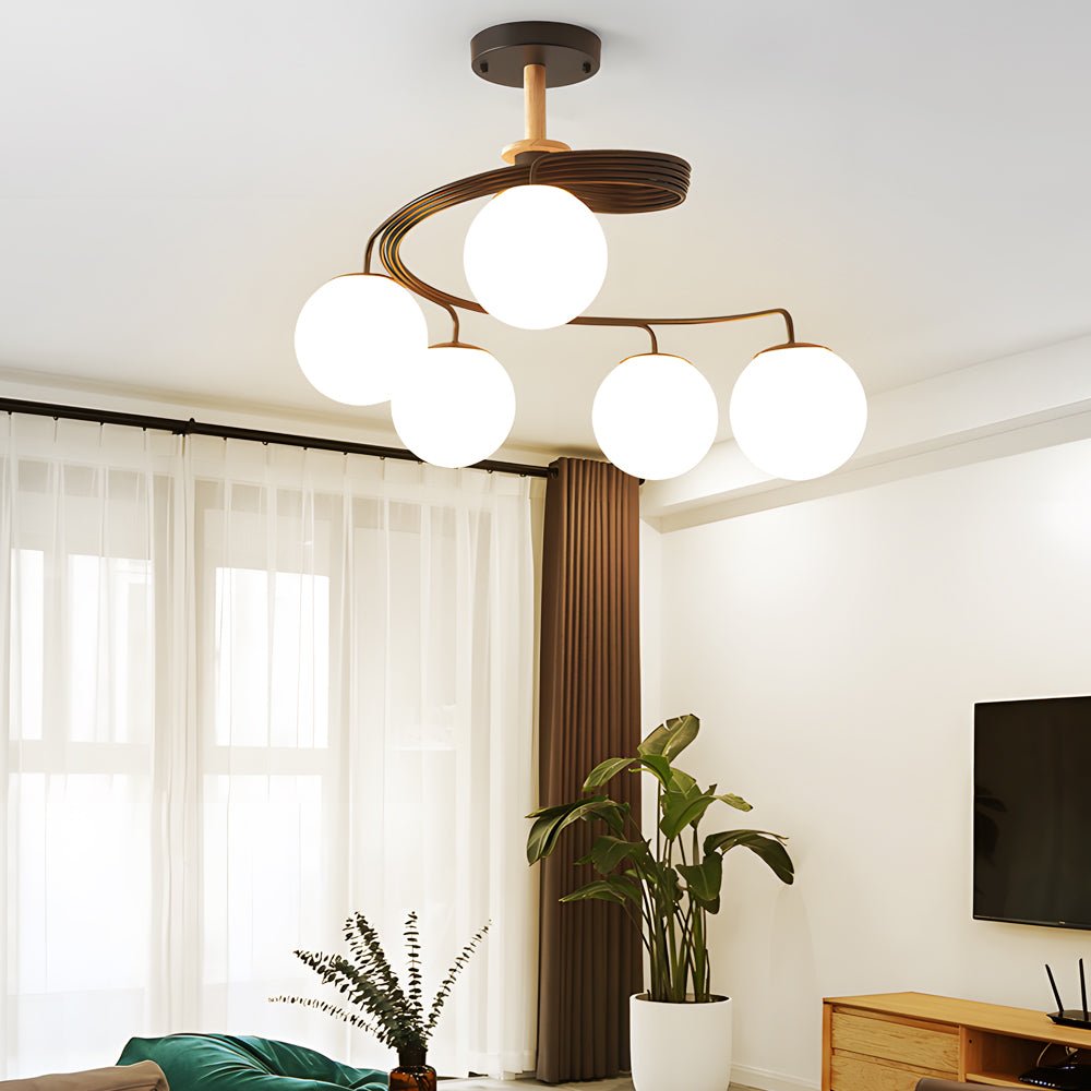 Spiral Glass Ball Semi-Flush Mount — Iron, Wood & Glass, 5-Light, E27, LED