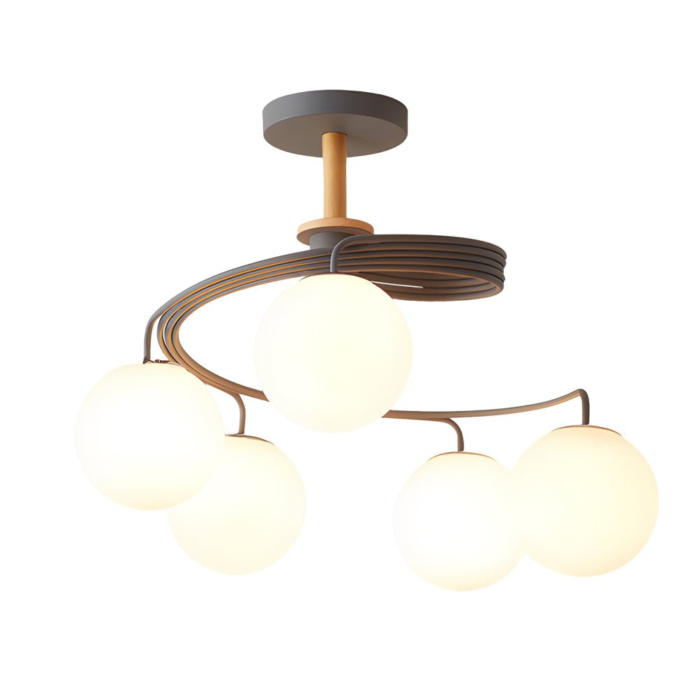 Spiral Glass Ball Semi-Flush Mount — Iron, Wood & Glass, 5-Light, E27, LED
