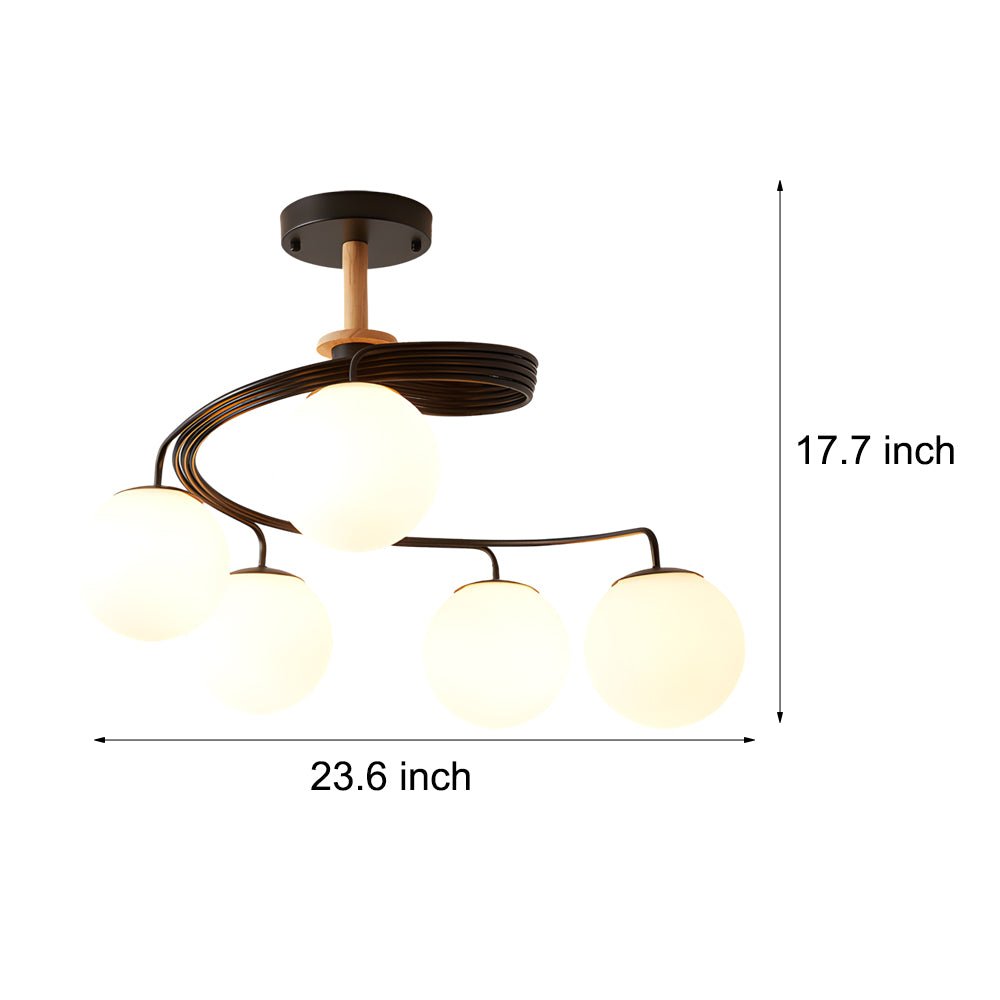 Spiral Glass Ball Semi-Flush Mount — Iron, Wood & Glass, 5-Light, E27, LED