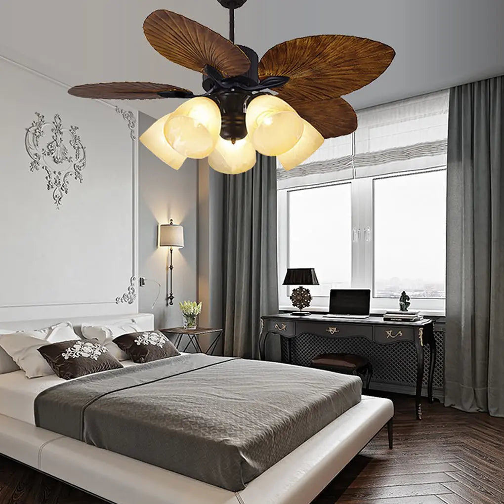 52-Inch Rustic Inverter Ceiling Fan Light with Dimming 12W LED and Leaf-Shaped Blades Luxe