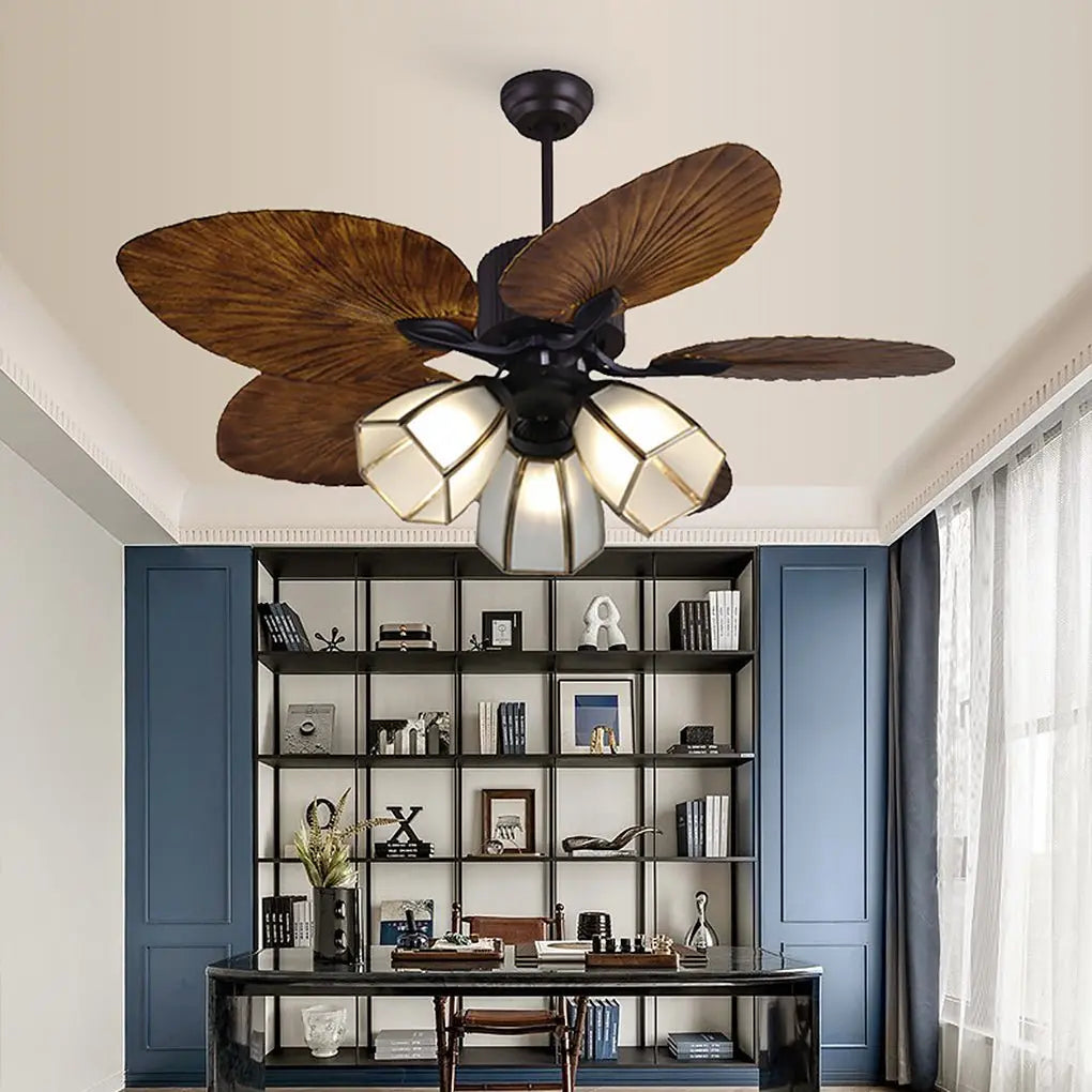 52-Inch Rustic Inverter Ceiling Fan Light with Dimming 12W LED and Leaf-Shaped Blades Luxe