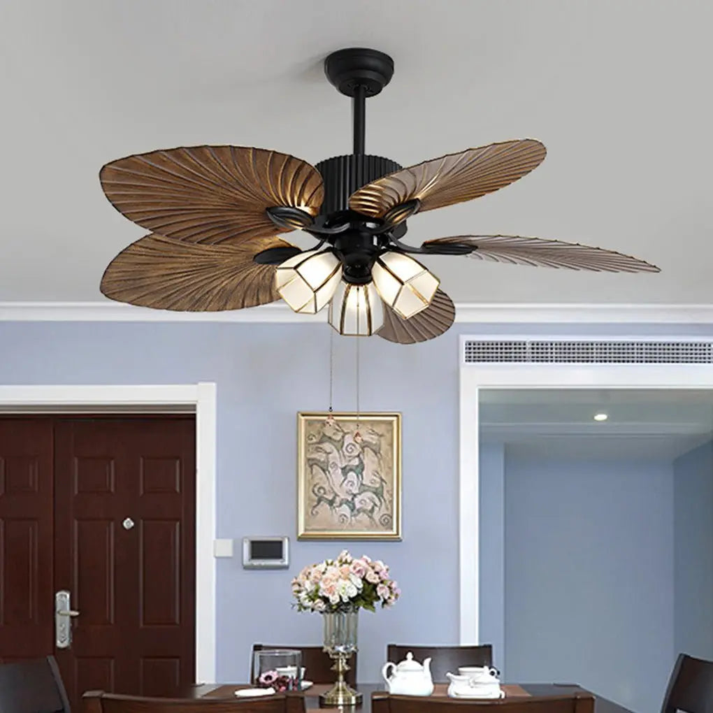 52-Inch Rustic Inverter Ceiling Fan Light with Dimming 12W LED and Leaf-Shaped Blades Luxe