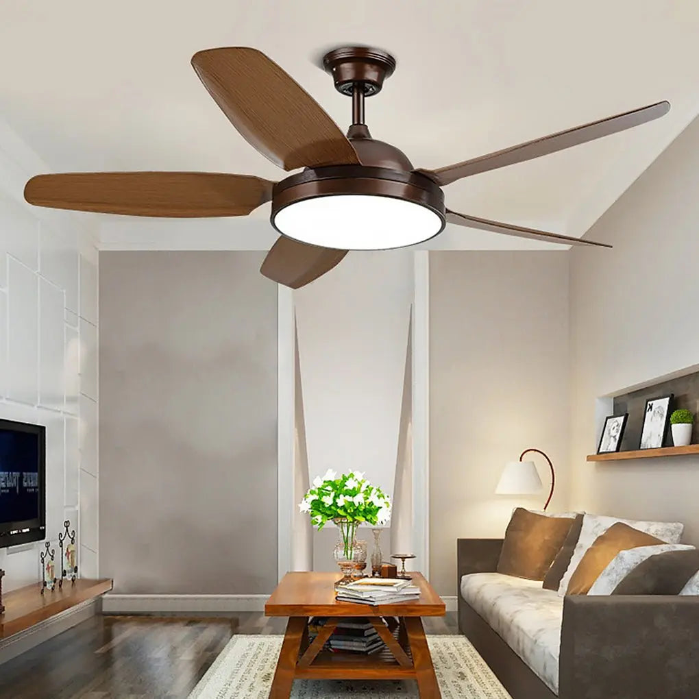 52-Inch Remote Control LED Ceiling Fan with Variable Frequency Dimming and Wooden Blades Luxe