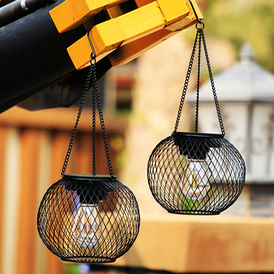 Vintage Solar Hanging Lantern — Black Iron Mesh, Warm White 2700K, Dusk-to-Dawn, Round or Oval