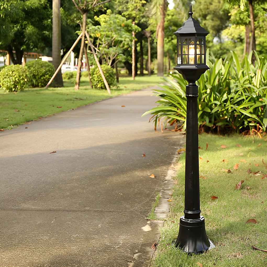 Slim Industrial Outdoor Post Light — Die-Cast Aluminum, Cylindrical Glass, E27, 32" H, Black / Bronze