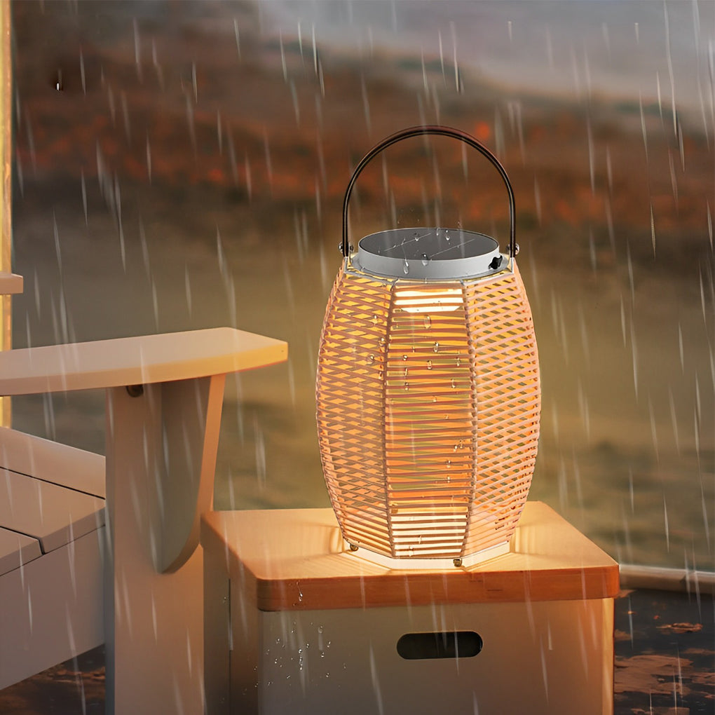 Rattan Solar Portable Outdoor Lantern — Stainless Steel, 3000K Warm White, IP54 Weatherproof, 180° Rotating Handle