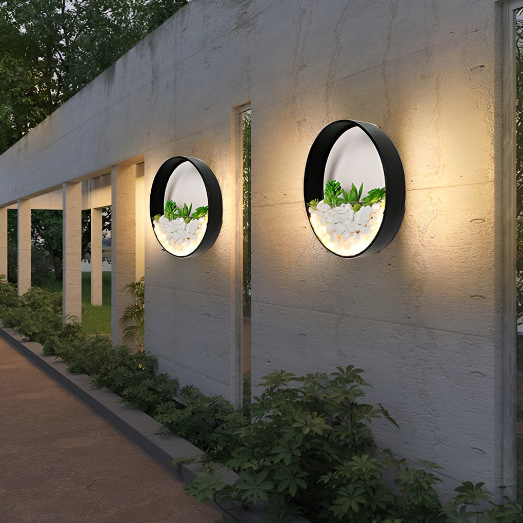Modern Outdoor Wall Sconce with Artificial Stone and Plant Landscape — Iron, 18W LED, Round, 8"/12"/20"