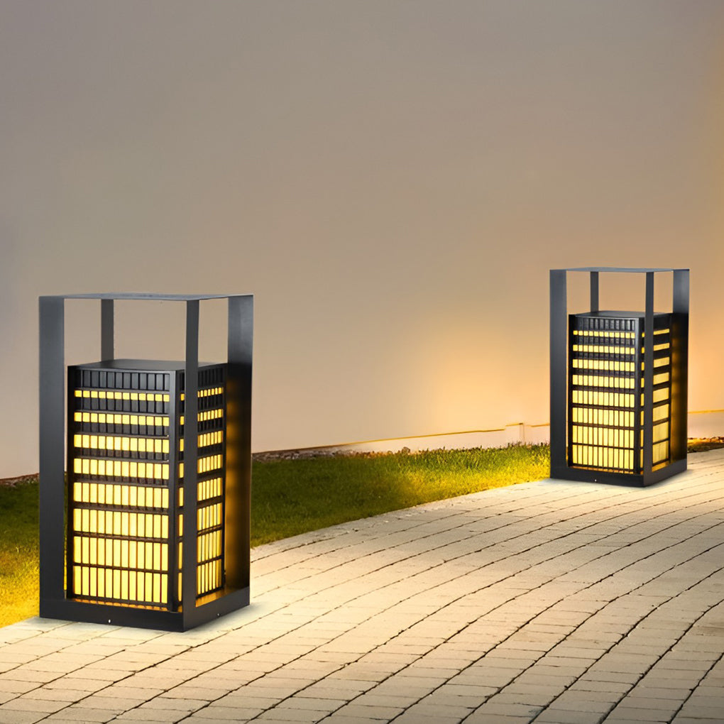Cuboid Industrial LED Outdoor Pathway Lantern — Black, Galvanized Steel and Faux Marble, IP55 Weatherproof