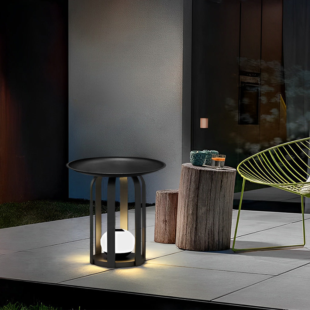 Modern Outdoor Solar Floor Lamp & Table Set — Black Iron, Globe Glass, LED, IP65, RGB + 3000K Warm White
