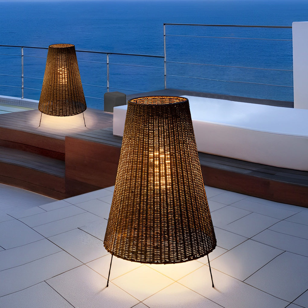 Rustic Modern Outdoor Floor Lamp — Woven Rattan Shade, Iron Tripod Base, 1-Light, IP65, 25" × 37"