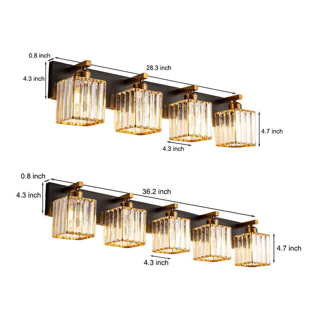 Square Crystal Multi-Light Vanity Sconce — Black and Gold Electroplated Metal, 4-Light / 5-Light, 28.3" Wide