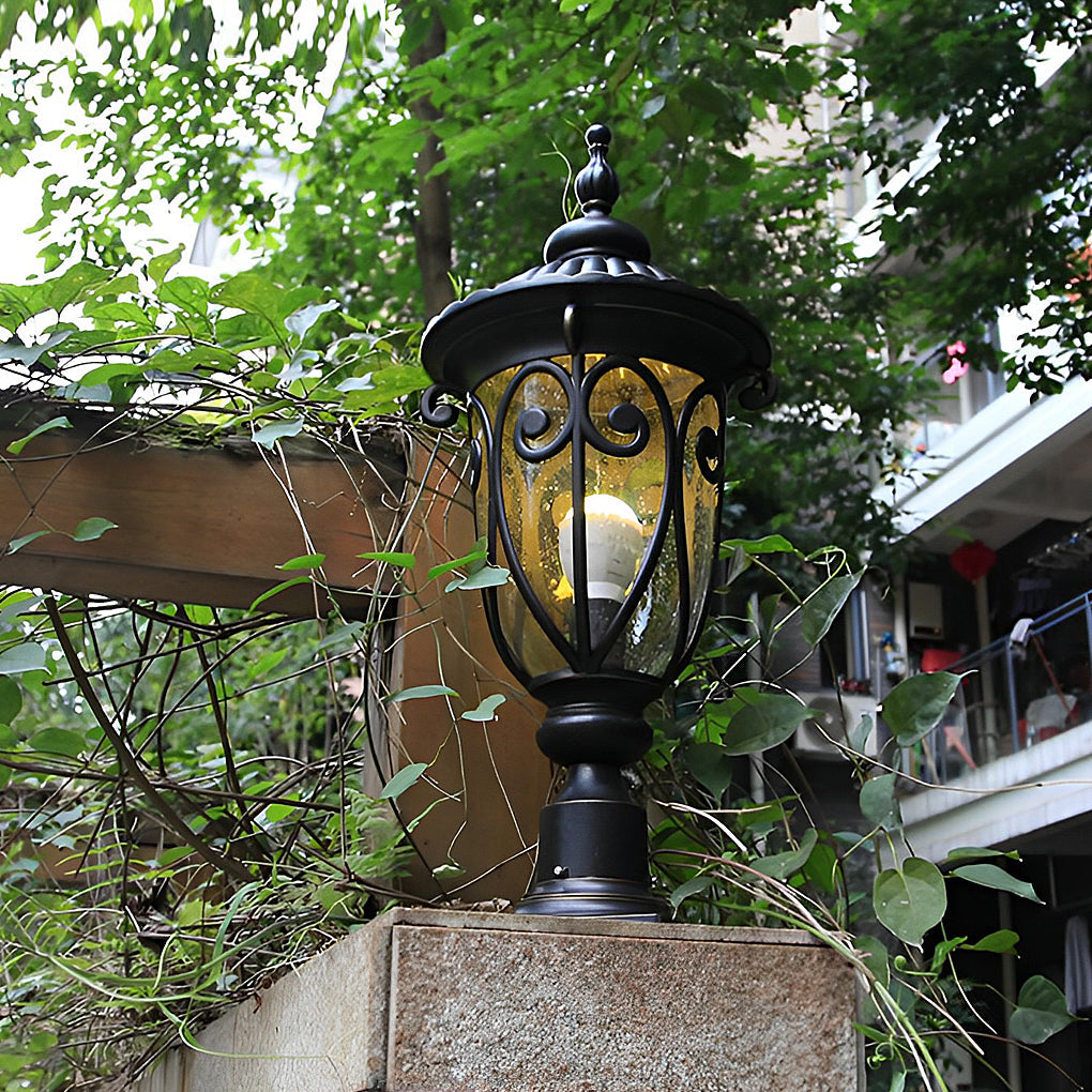 Black Outdoor Pillar Light — Bubble Glass Lantern, Die-Cast Aluminum, 7W LED, IP54, 3000K Warm White